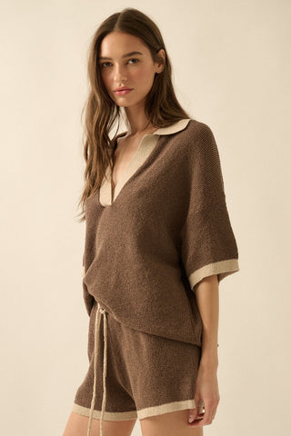 Solid Knit Contrast Short-sleeve Polo Sweater (Espresso)