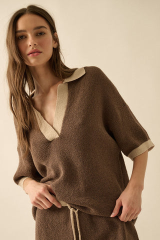 Solid Knit Contrast Short-sleeve Polo Sweater (Espresso)