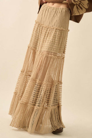 Striped Lace Tiered Ruffle Maxi Skirt (Sand)