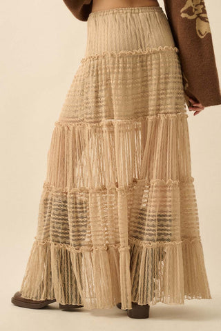 Striped Lace Tiered Ruffle Maxi Skirt (Sand)