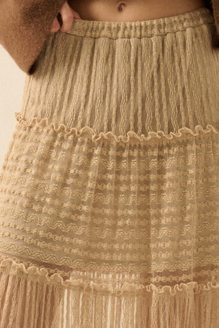 Striped Lace Tiered Ruffle Maxi Skirt (Sand)