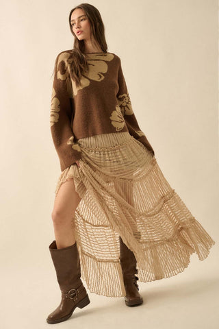 Striped Lace Tiered Ruffle Maxi Skirt (Sand)