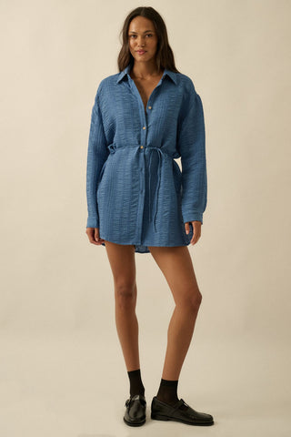 Stripe Belted Button Up Shirt Romper (Blue) ONLINE EXCLUSIVE