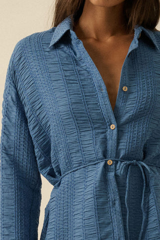 Stripe Belted Button Up Shirt Romper (Blue) ONLINE EXCLUSIVE