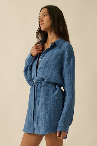 Stripe Belted Button Up Shirt Romper (Blue) ONLINE EXCLUSIVE