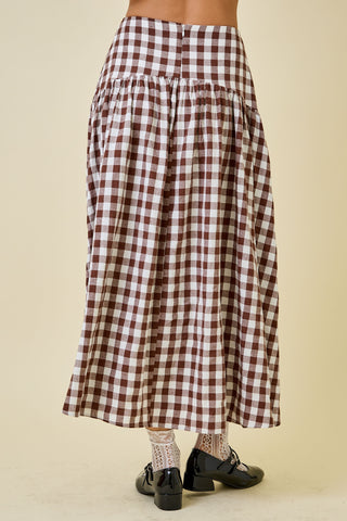 Gingham Flared Maxi Skirt With Curved Yoke (BROWN MULTI)