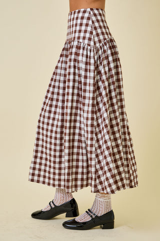 Gingham Flared Maxi Skirt With Curved Yoke (BROWN MULTI)