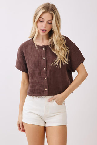 Button Down Short Sleeve Top (Brown)
