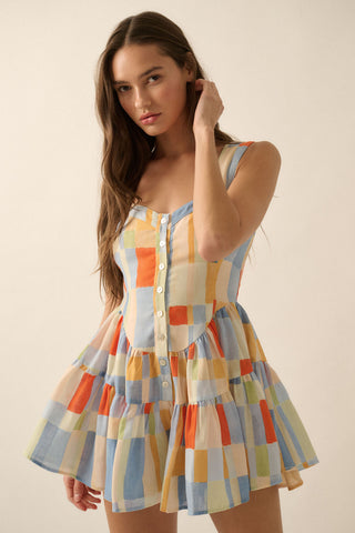 Multicolor Check-Print Ruffled Romper Dress (Blue Butter)