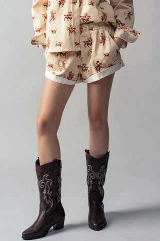 Western Rodeo Ready Roundup Elastic Waistband Shorts (Ivory)