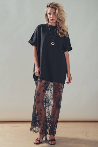 T-Shirt Dress with Sheer Lace Skirt (Black)