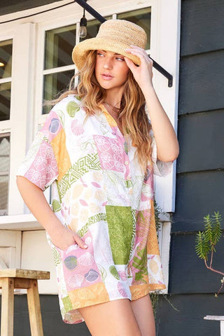 Printed Button Down Short Sleeve Romper (Multi)