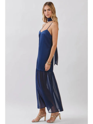 Chiffon Scarf Accent Maxi Dress (Navy)