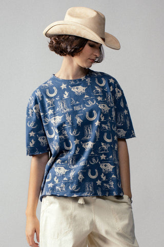 Western Graphic Print Relaxed Fit Tee (BLUE)