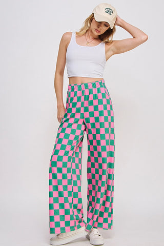 High Waist Checkered Straight Leg Knit Pants (Hot Pink/Green) ONLINE EXCLUSIVE