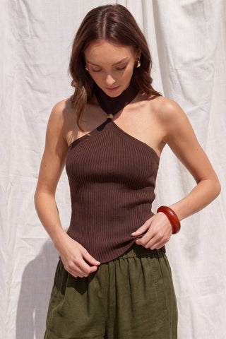 Ribbed Bead Detail Halter Top (BROWN)