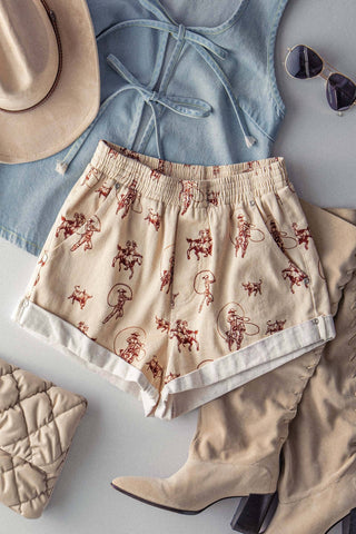Western Rodeo Ready Roundup Elastic Waistband Shorts (Ivory)