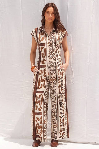 Printed Cut Out Back Jumpsuit (BROWN)