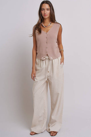 Button-Front Vest Top with Side Detail (Khaki)
