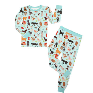 Dogs Bark Two-Piece Bamboo Short Sleeve Kids Pajama Pants Set (Blue/Multi)