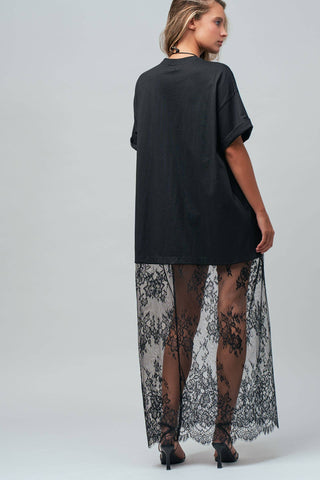 T-Shirt Dress with Sheer Lace Skirt (Black)