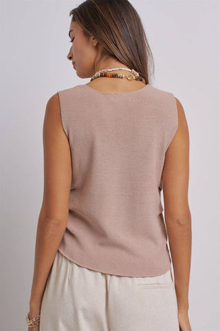 Button-Front Vest Top with Side Detail (Khaki)