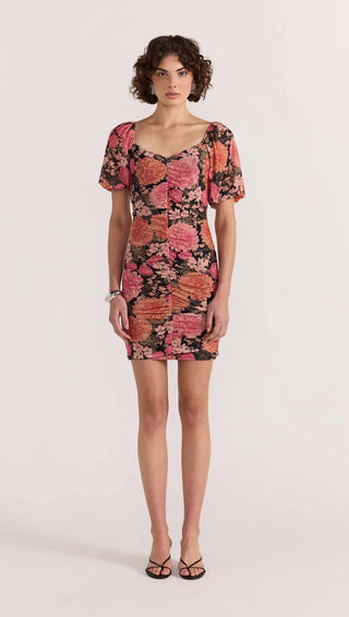 Yvaine Ruched Mesh Mini Dress (Apricot Floral)