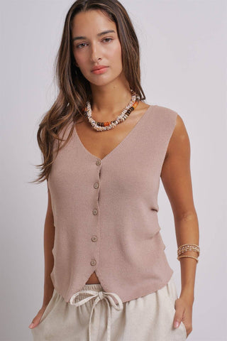 Button-Front Vest Top with Side Detail (Khaki)