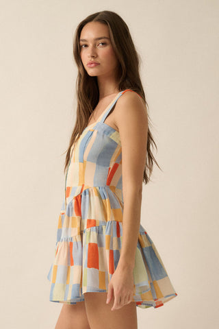 Multicolor Check-Print Ruffled Romper Dress (Blue Butter)