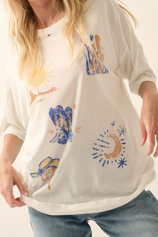 Wild West Motifs Distress Oversize Western Graphic Tee (Cream)