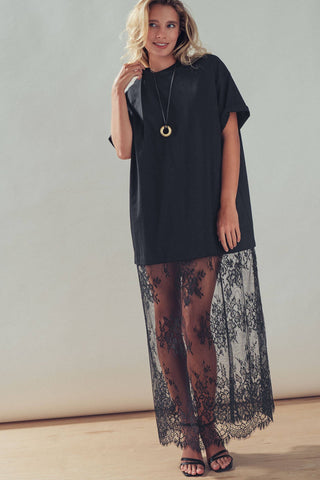 T-Shirt Dress with Sheer Lace Skirt (Black)