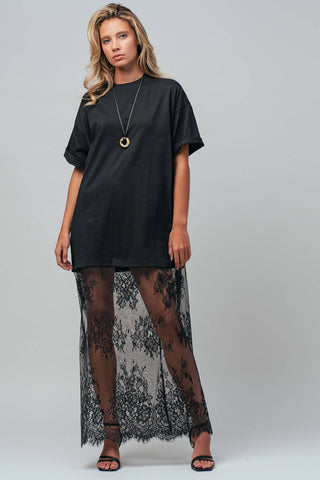 T-Shirt Dress with Sheer Lace Skirt (Black)