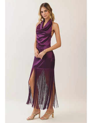 Satin Cowl Neck Fringe Halter Midi Dress (Purple)