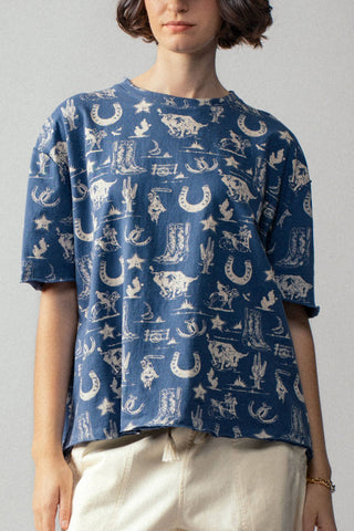 Western Graphic Print Relaxed Fit Tee (BLUE)