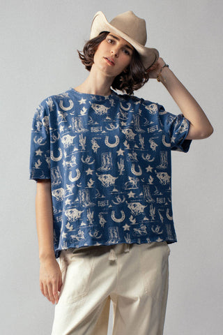 Western Graphic Print Relaxed Fit Tee (BLUE)