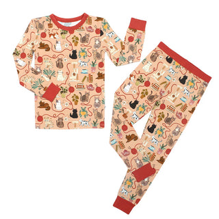 Cats Meow Kids Two-Piece Bamboo Short Sleeve Kids Pajama Pants Set (Peach/Multi)