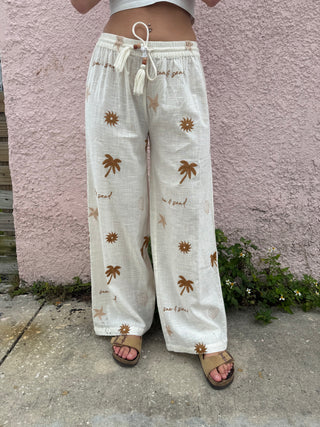 Gauze Pant w/ All Over Embroidery (Sand/Caramel)