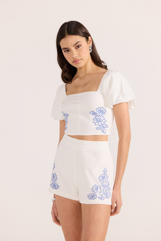 Sonnet Embroidered Top - White/Blue