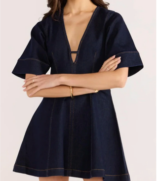 Raya Denim Short Sleeve Mini Dress (Indigo)