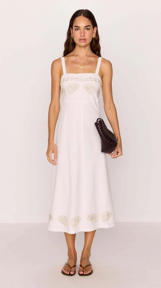 Hera Midi Dress with Embroidered Shell Detail (White)