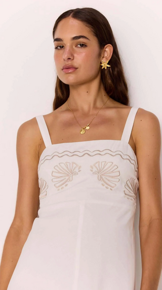 Hera Midi Dress with Embroidered Shell Detail (White)