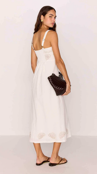 Hera Midi Dress with Embroidered Shell Detail (White)