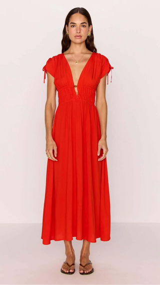 Scarlett V-Neck Midi Dress with Bead Detail (Red)