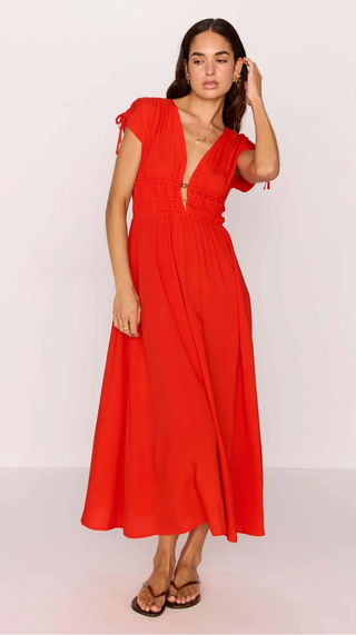 Scarlett V-Neck Midi Dress with Bead Detail (Red)