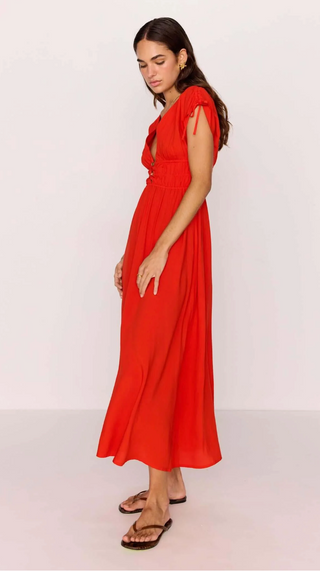 Scarlett V-Neck Midi Dress with Bead Detail (Red)