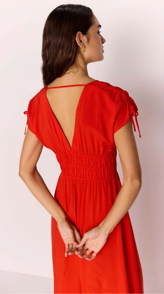 Scarlett V-Neck Midi Dress with Bead Detail (Red)