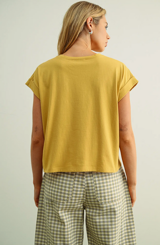 ROUND NECK CUFFED SLEEVE TOP (MUSTARD)