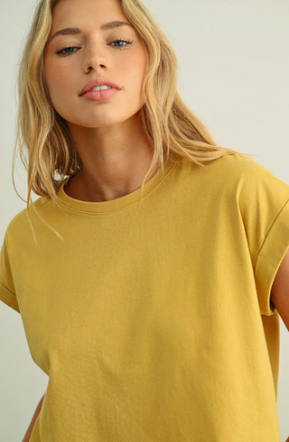 ROUND NECK CUFFED SLEEVE TOP (MUSTARD)