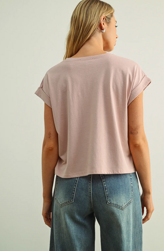 ROUND NECK CUFFED SLEEVE TOP (STRAWBERRY MILK)