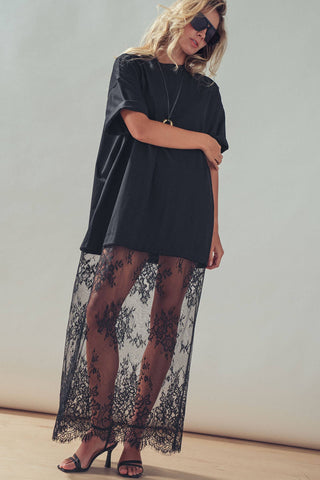 T-Shirt Dress with Sheer Lace Skirt (Black)